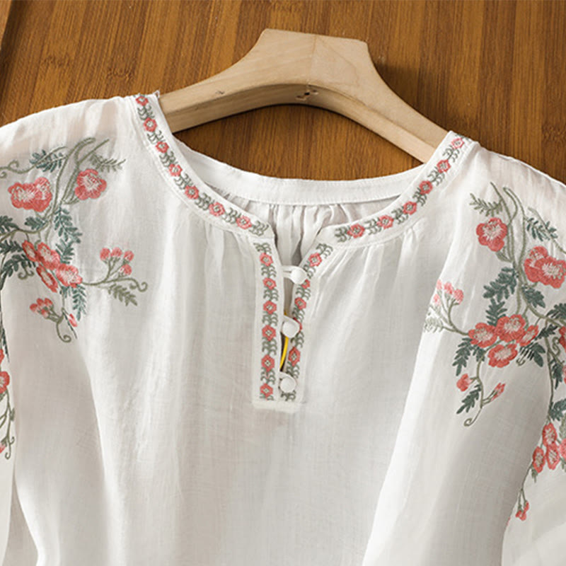 Buddha Stones Embroidery Button Three Quarter Sleeve Notched Neck Women's Cotton Shirt - image 17