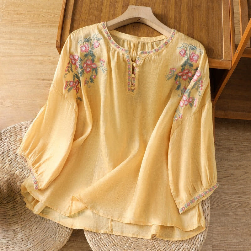 Buddha Stones Embroidery Button Three Quarter Sleeve Notched Neck Women's Cotton Shirt - Gold - US12，UK/AU16，EU44 (2XL) - image 0