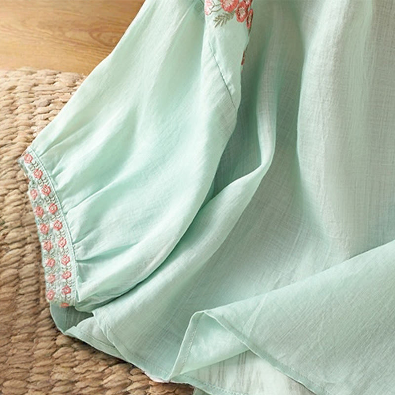 Buddha Stones Embroidery Button Three Quarter Sleeve Notched Neck Women's Cotton Shirt - image 29