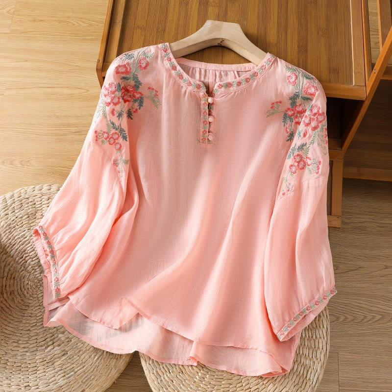 Buddha Stones Embroidery Button Three Quarter Sleeve Notched Neck Women's Cotton Shirt - LightSalmon - US12，UK/AU16，EU44 (2XL) - image 7
