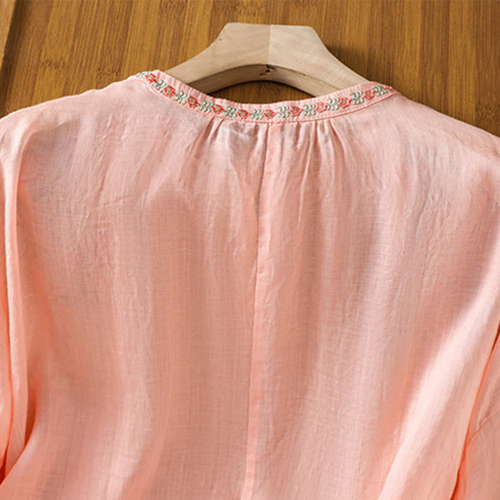 Buddha Stones Embroidery Button Three Quarter Sleeve Notched Neck Women's Cotton Shirt - image 11