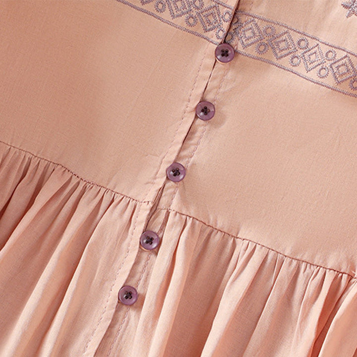 Buddha Stones Embroidery Pleated Buttons Long Lantern Sleeve Women's Cotton Shirt - image 14