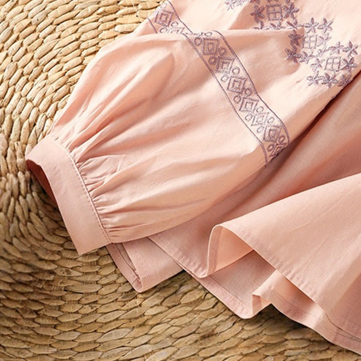 Buddha Stones Embroidery Pleated Buttons Long Lantern Sleeve Women's Cotton Shirt - image 15