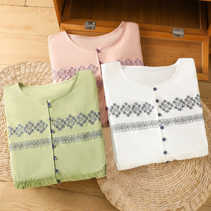 Buddha Stones Embroidery Pleated Buttons Long Lantern Sleeve Women's Cotton Shirt - image 30