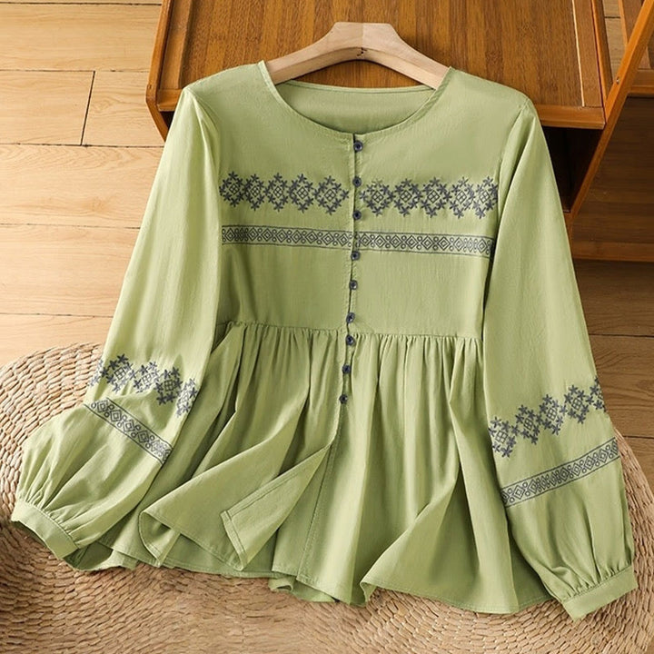 Buddha Stones Embroidery Pleated Buttons Long Lantern Sleeve Women's Cotton Shirt - YellowGreen - US12，UK/AU16，EU44 (2XL) - image 19