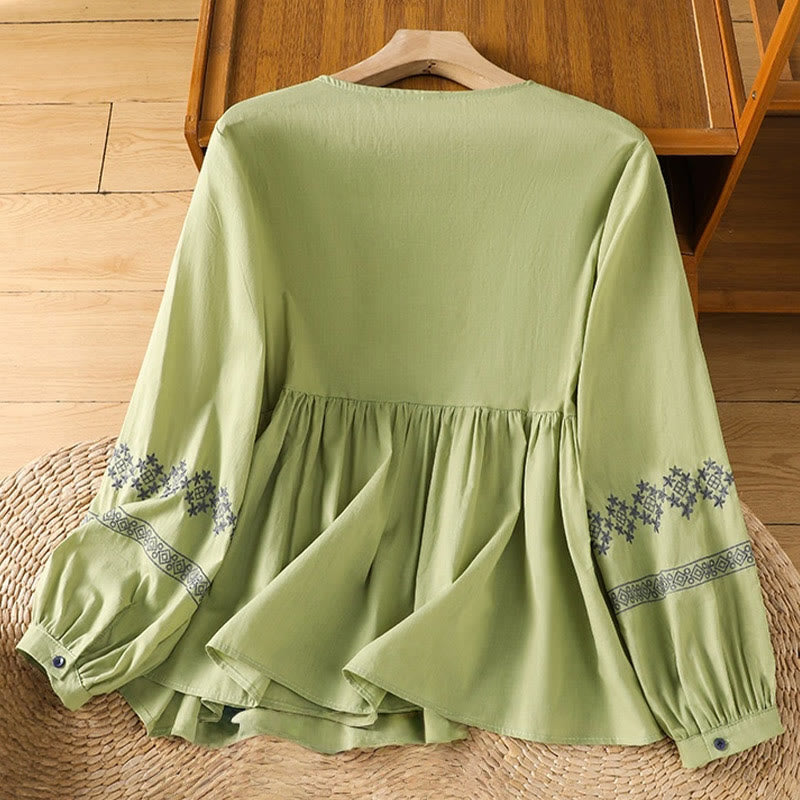 Buddha Stones Embroidery Pleated Buttons Long Lantern Sleeve Women's Cotton Shirt - image 20