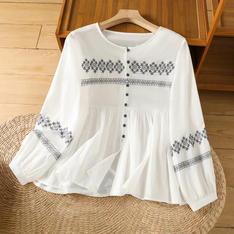 Buddha Stones Embroidery Pleated Buttons Long Lantern Sleeve Women's Cotton Shirt - White - US12，UK/AU16，EU44 (2XL) - image 0
