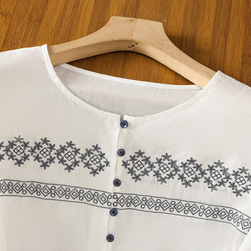 Buddha Stones Embroidery Pleated Buttons Long Lantern Sleeve Women's Cotton Shirt - image 2