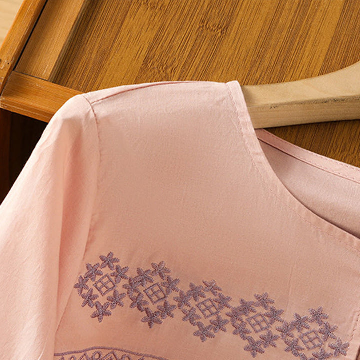 Buddha Stones Embroidery Pleated Buttons Long Lantern Sleeve Women's Cotton Shirt - image 13