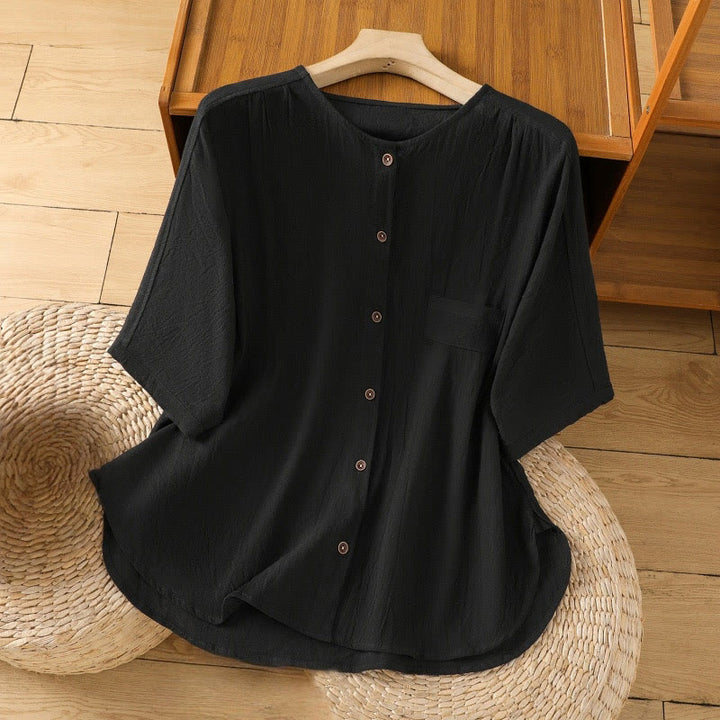 Buddha Stones Casual Plain Buttons Half Sleeve Women's Cotton Linen Shirt With Pocket - Black - US8-10，UK/AU12-14，EU40-42 (2XL) - image 9
