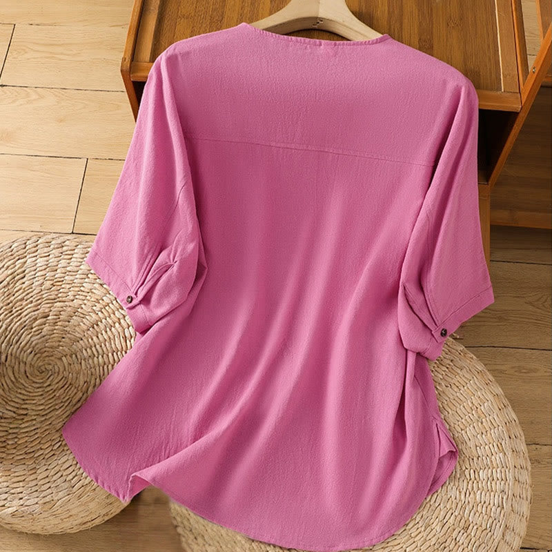 Buddha Stones Casual Plain Buttons Half Sleeve Women's Cotton Linen Shirt With Pocket - image 36