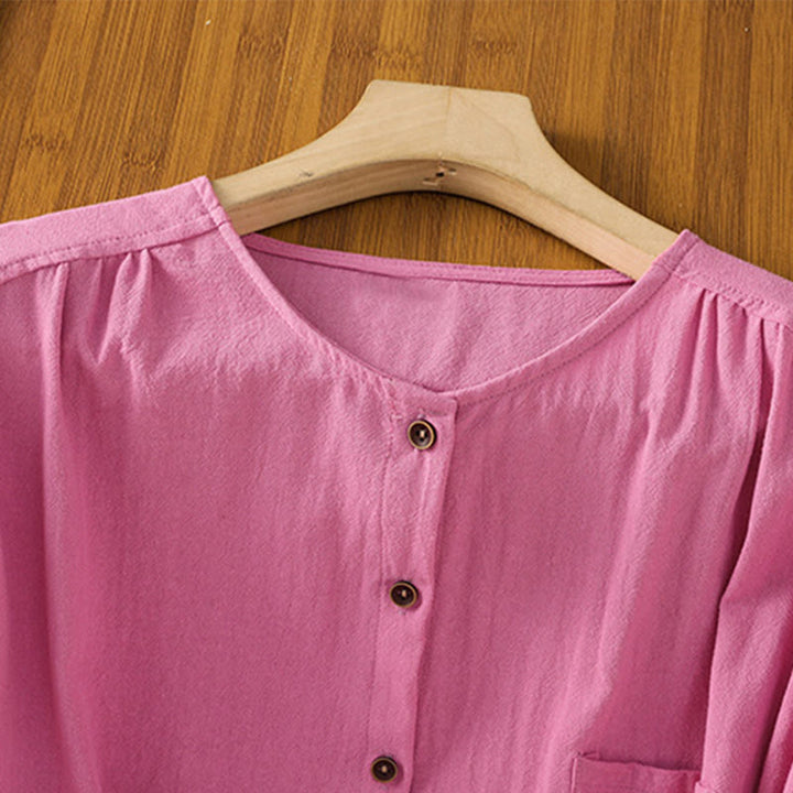 Buddha Stones Casual Plain Buttons Half Sleeve Women's Cotton Linen Shirt With Pocket - image 37