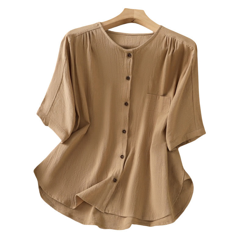 Buddha Stones Casual Plain Buttons Half Sleeve Women's Cotton Linen Shirt With Pocket - image 34