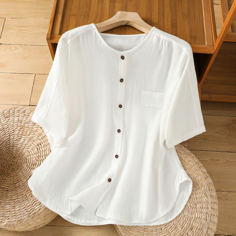 Buddha Stones Casual Plain Buttons Half Sleeve Women's Cotton Linen Shirt With Pocket - White - US8-10，UK/AU12-14，EU40-42 (2XL) - image 17