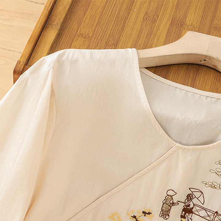 Buddha Stones Retro Embroidery Lace-Up Women's Three Quarter Sleeve Cotton Linen T-Shirt - image 3