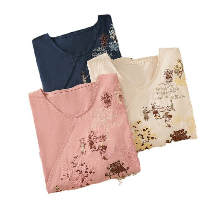 Buddha Stones Retro Embroidery Lace-Up Women's Three Quarter Sleeve Cotton Linen T-Shirt - image 23