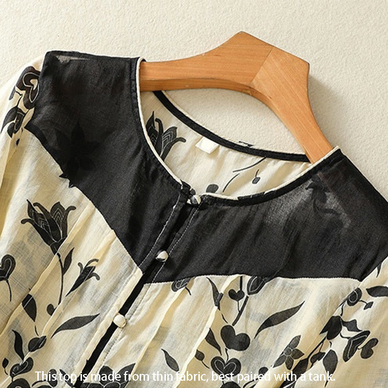 Buddha Stones Printing Floral Buttons Color Contrast Half Sleeve Women's Shirt - image 1