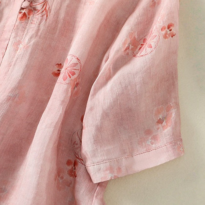 Buddha Stones Printing Frog-Buttons Lapel Half Sleeve Women's Cotton Shirt - image 6