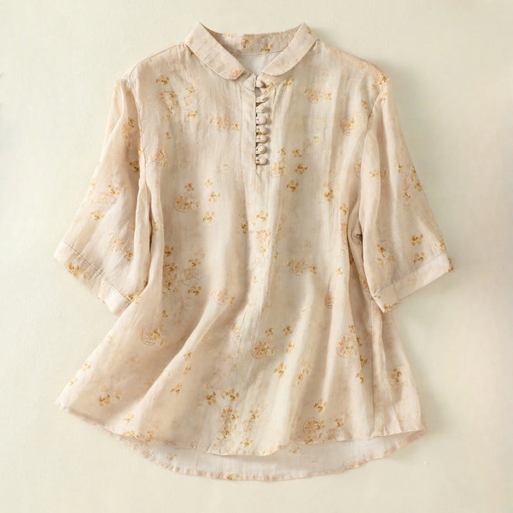 Buddha Stones Printing Frog-Buttons Lapel Half Sleeve Women's Cotton Shirt - LemonChiffon - US8-10，UK/AU12-14，EU40-42 (2XL) - image 8