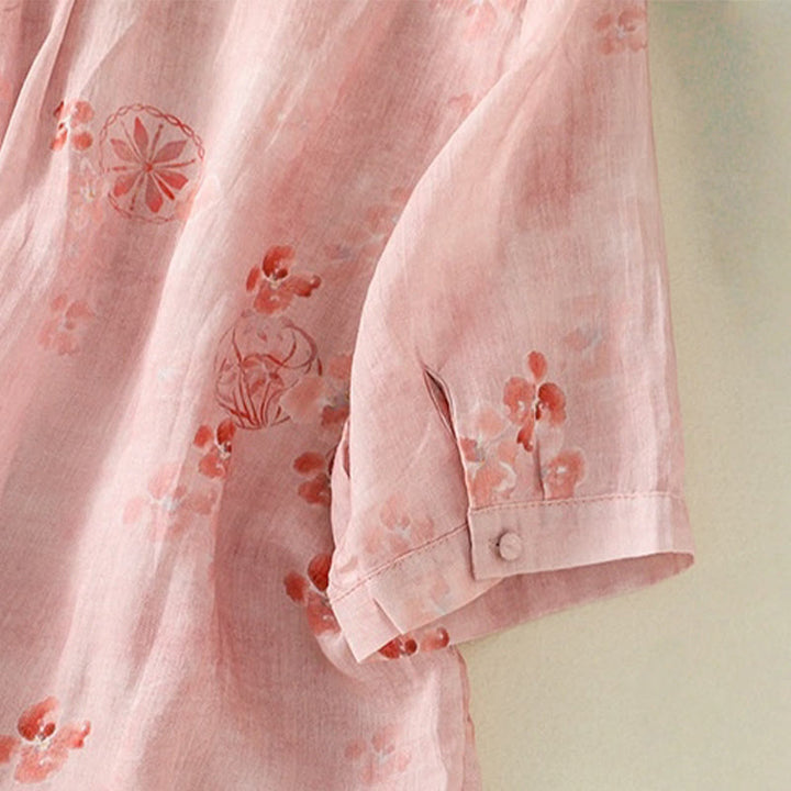 Buddha Stones Printing Frog-Buttons Lapel Half Sleeve Women's Cotton Shirt - image 5