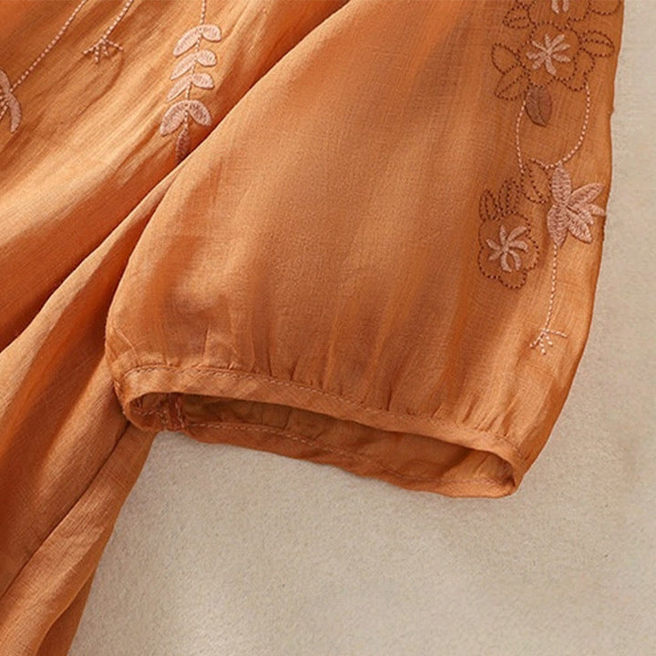 Buddha Stones Embroidery Floral Hem Slit Women's Cotton Linen Half Sleeve T-Shirt - image 14