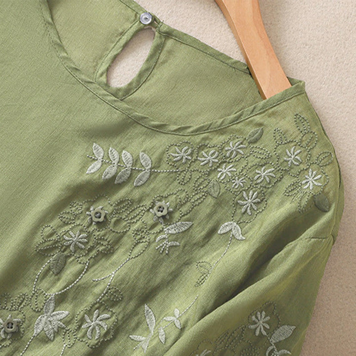 Buddha Stones Embroidery Floral Hem Slit Women's Cotton Linen Half Sleeve T-Shirt - image 4