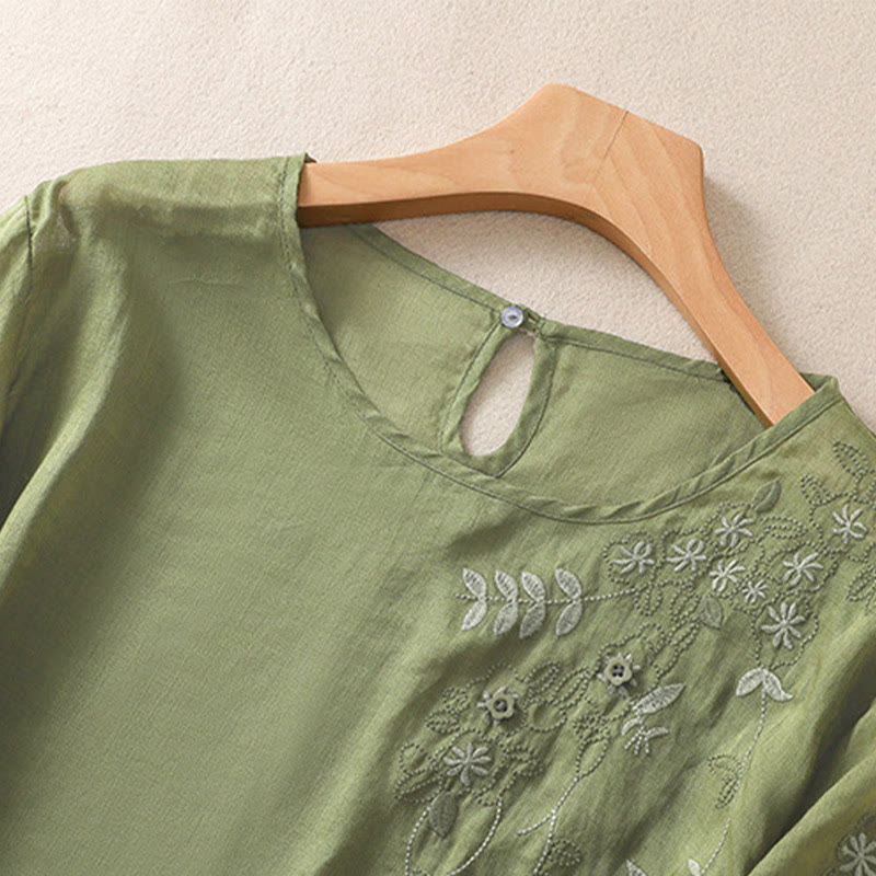 Buddha Stones Embroidery Floral Hem Slit Women's Cotton Linen Half Sleeve T-Shirt - image 2