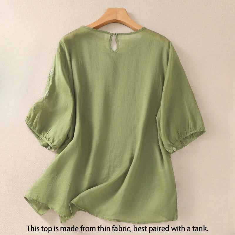 Buddha Stones Embroidery Floral Hem Slit Women's Cotton Linen Half Sleeve T-Shirt - image 1