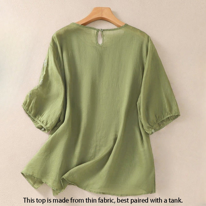 Buddha Stones Embroidery Floral Hem Slit Women's Cotton Linen Half Sleeve T-Shirt - image 1