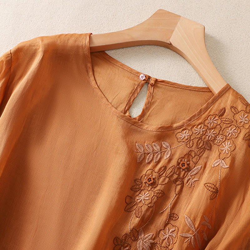 Buddha Stones Embroidery Floral Hem Slit Women's Cotton Linen Half Sleeve T-Shirt - image 11