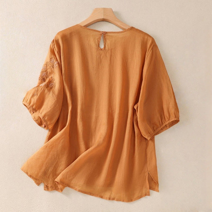 Buddha Stones Embroidery Floral Hem Slit Women's Cotton Linen Half Sleeve T-Shirt - image 10