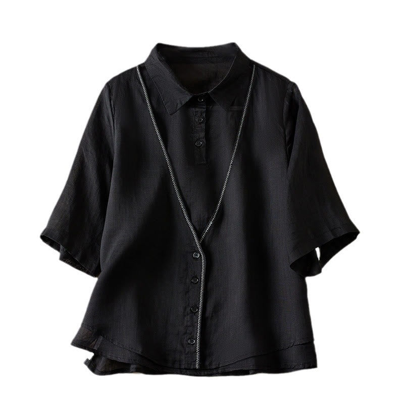 Buddha Stones Retro Plain Fake Two Pieces Button Half Sleeve Design Women's Cotton Linen Shirt - image 35