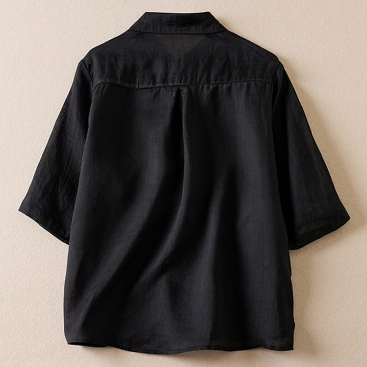 Buddha Stones Retro Plain Fake Two Pieces Button Half Sleeve Design Women's Cotton Linen Shirt - Black - US12，UK/AU16，EU44 (2XL) - image 27
