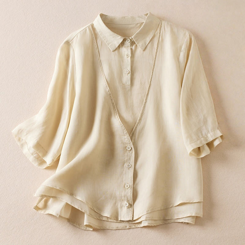Buddha Stones Retro Plain Fake Two Pieces Button Half Sleeve Design Women's Cotton Linen Shirt - Beige - US12，UK/AU16，EU44 (2XL) - image 35