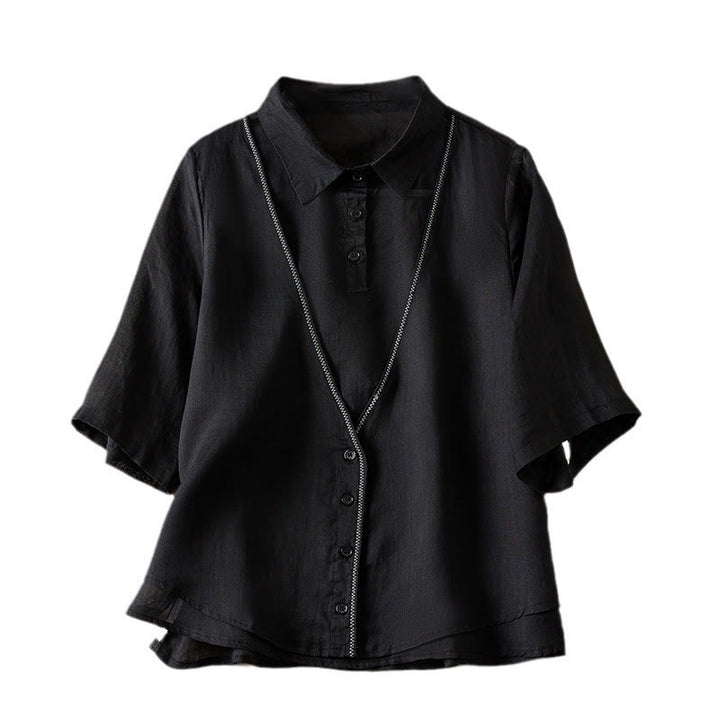 Buddha Stones Retro Plain Fake Two Pieces Button Half Sleeve Design Women's Cotton Linen Shirt - image 34