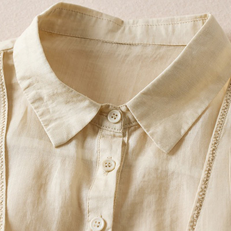 Buddha Stones Retro Plain Fake Two Pieces Button Half Sleeve Design Women's Cotton Linen Shirt - image 38