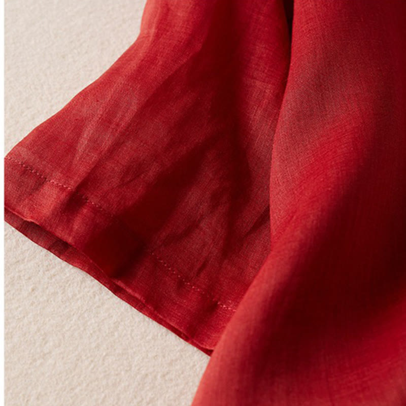 Buddha Stones Retro Plain Fake Two Pieces Button Half Sleeve Design Women's Cotton Linen Shirt - image 12