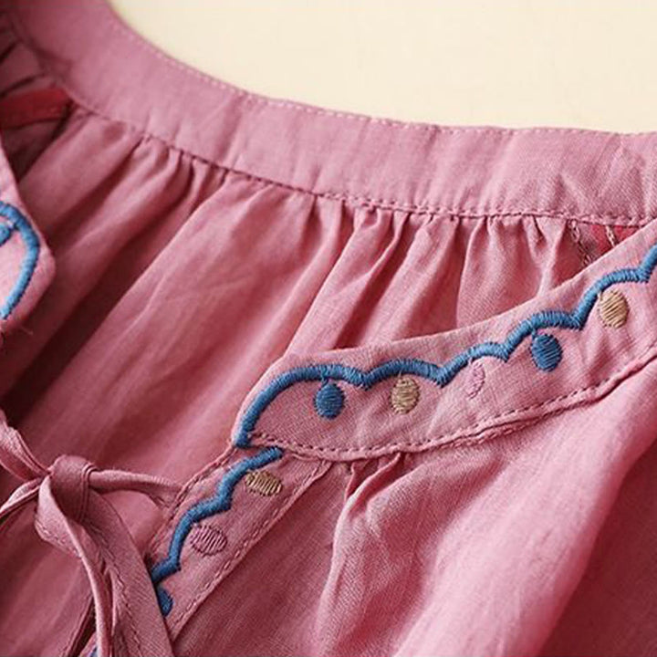 Buddha Stones Summer Embroided Three Quarter Lantern Sleeve Women's Cotton Linen T-Shirt - image 12