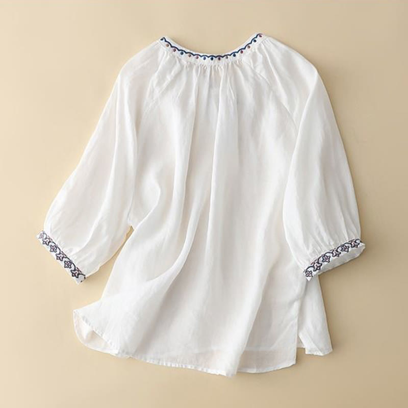 Buddha Stones Summer Embroided Three Quarter Lantern Sleeve Women's Cotton Linen T-Shirt - image 6