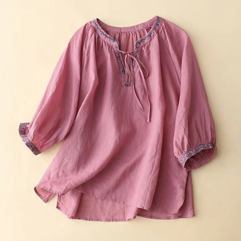 Buddha Stones Summer Embroided Three Quarter Lantern Sleeve Women's Cotton Linen T-Shirt - PaleVioletRed - US14，UK/AU18，EU46 (3XL) - image 11