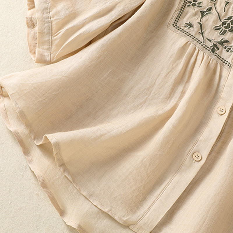 Buddha Stones Embroidery Single Breasted Women's Cotton Linen Three Quarter Sleeve Shirt - image 24