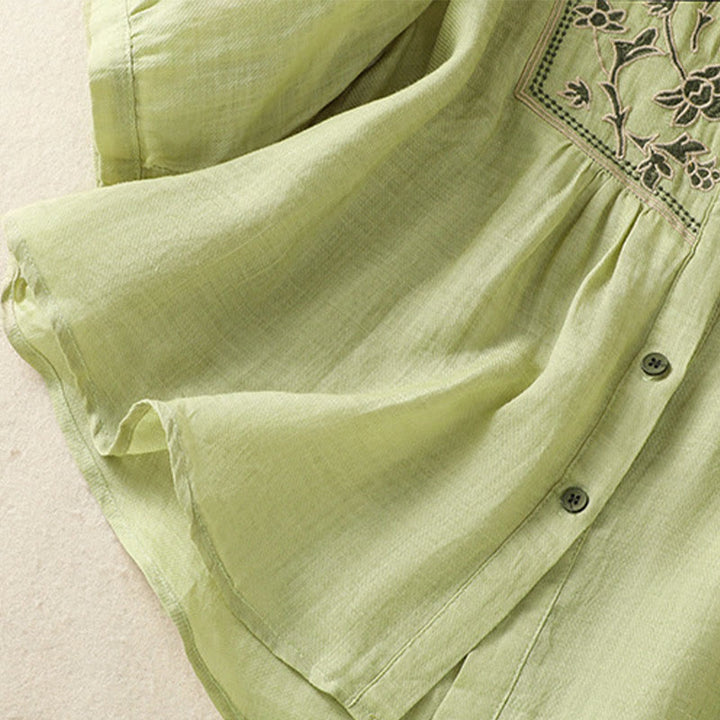 Buddha Stones Embroidery Single Breasted Women's Cotton Linen Three Quarter Sleeve Shirt - image 6