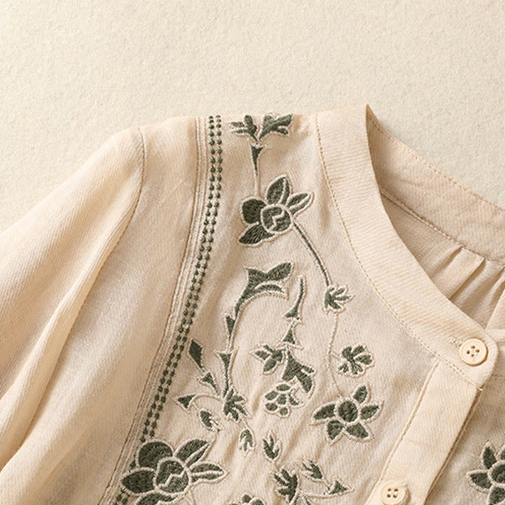 Buddha Stones Embroidery Single Breasted Women's Cotton Linen Three Quarter Sleeve Shirt - image 21