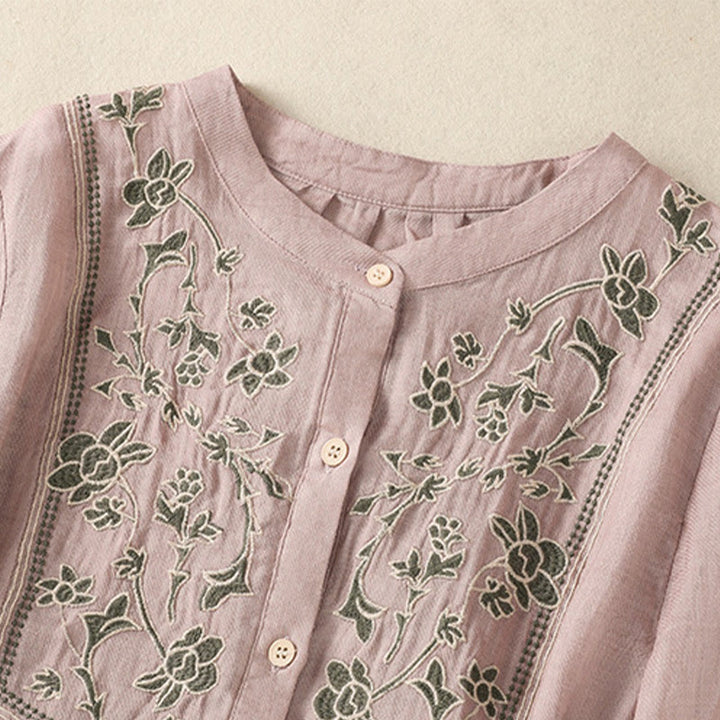 Buddha Stones Embroidery Single Breasted Women's Cotton Linen Three Quarter Sleeve Shirt - image 11