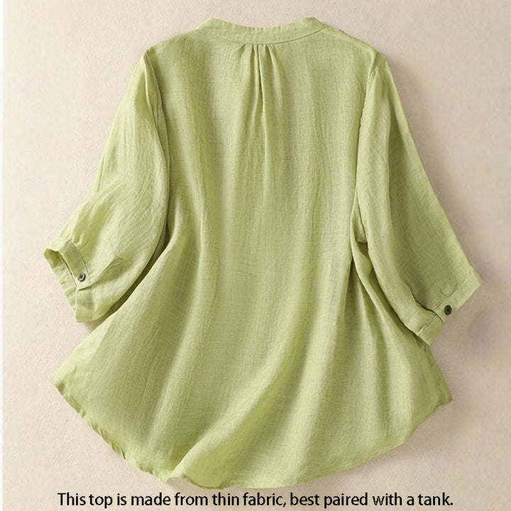 Buddha Stones Embroidery Single Breasted Women's Cotton Linen Three Quarter Sleeve Shirt - image 1