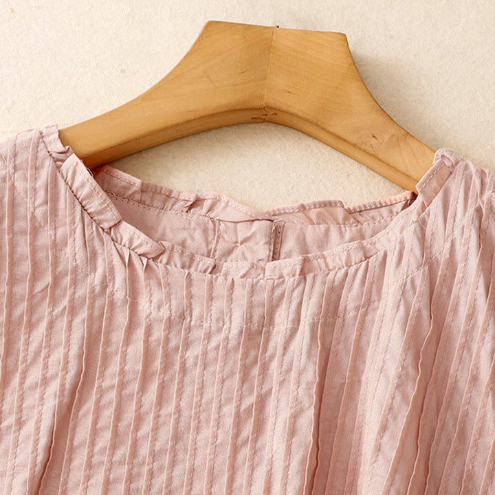 Buddha Stones Summer Pure Color Ruffled Pleated Design Women's Cotton Short Sleeve Shirt - image 2