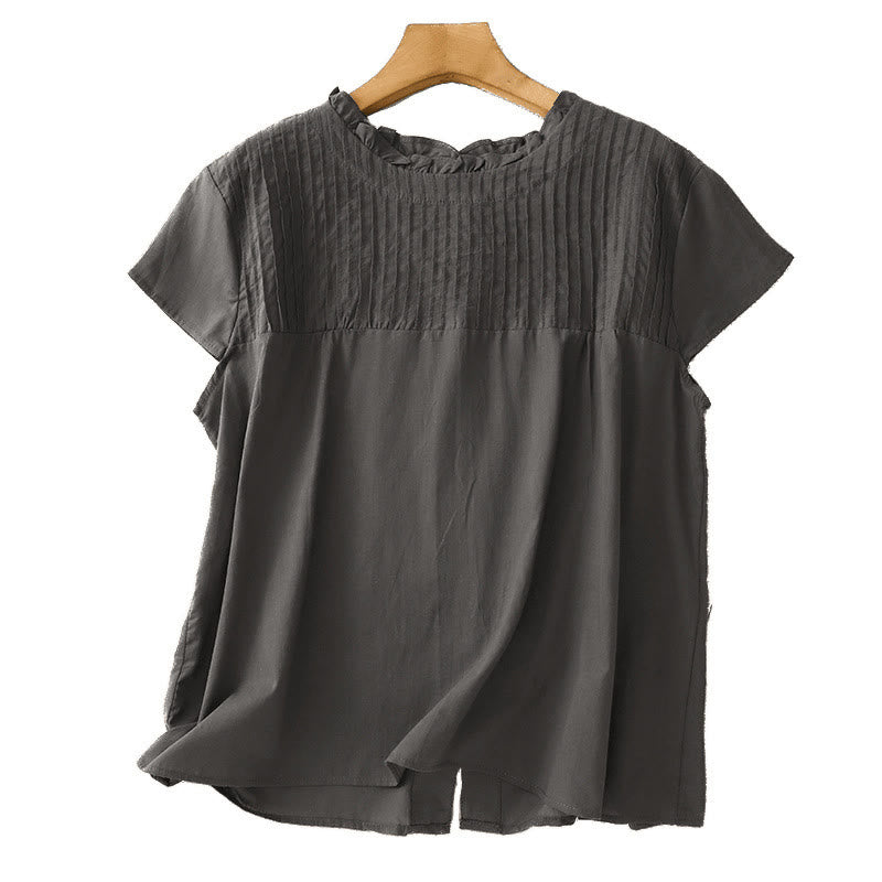 Buddha Stones Summer Pure Color Ruffled Pleated Design Women's Cotton Short Sleeve Shirt - image 9