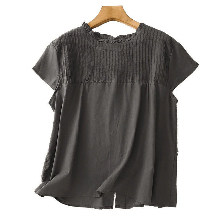 Buddha Stones Summer Pure Color Ruffled Pleated Design Women's Cotton Short Sleeve Shirt - image 9