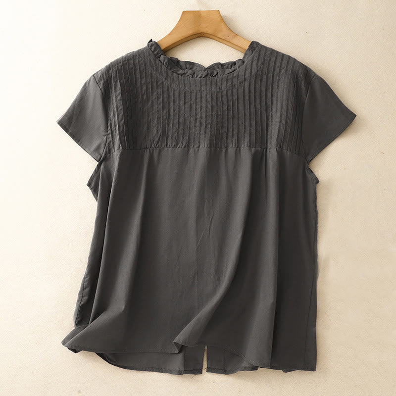 Buddha Stones Summer Pure Color Ruffled Pleated Design Women's Short Sleeve Shirt - DarkSlateGray - US6，UK/AU10，EU38 (2XL) - image 6