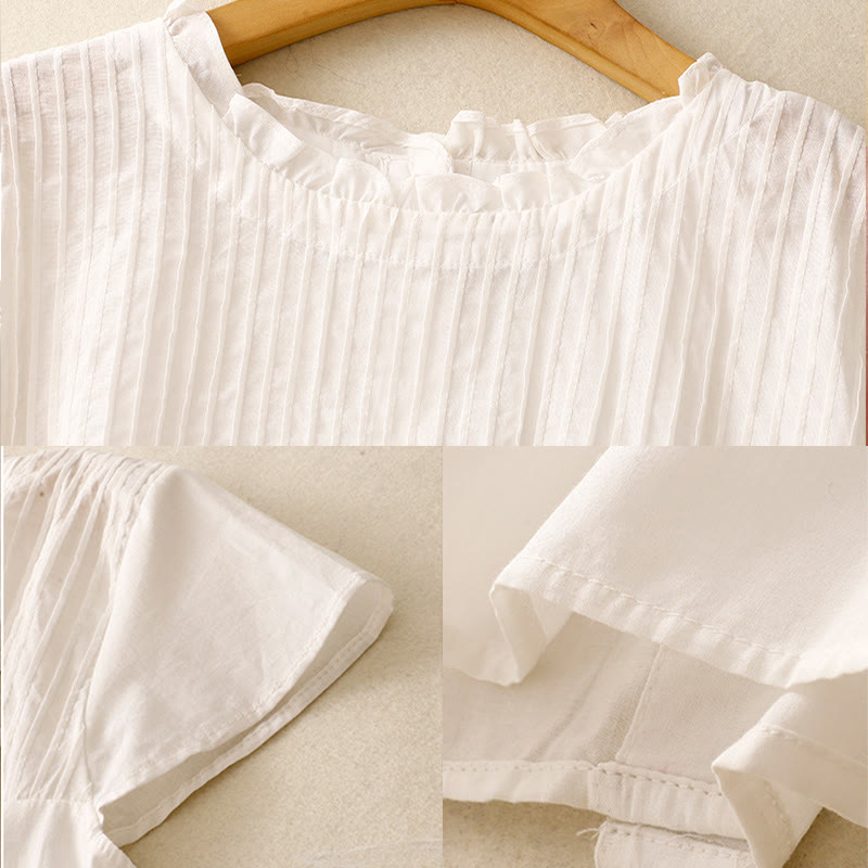 Buddha Stones Summer Pure Color Ruffled Pleated Design Women's Cotton Short Sleeve Shirt - image 14